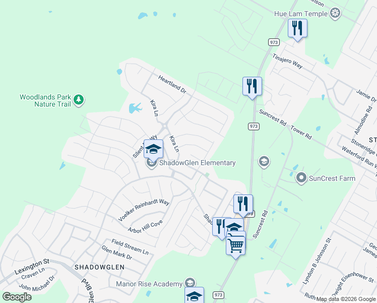 map of restaurants, bars, coffee shops, grocery stores, and more near 11800 Sandy Lodge Court in Manor