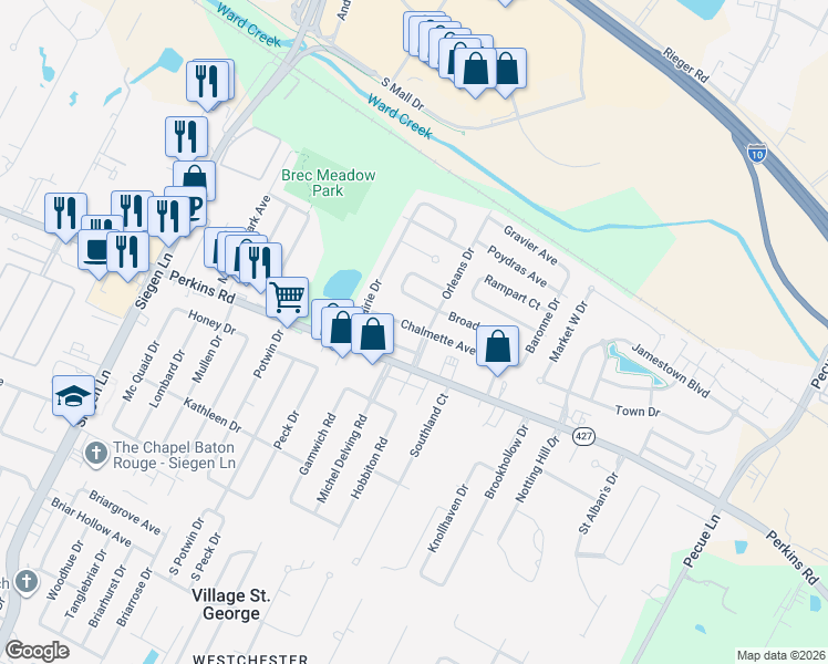 map of restaurants, bars, coffee shops, grocery stores, and more near 13730 Chalmette Avenue in Baton Rouge
