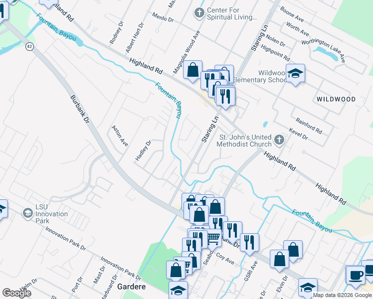 map of restaurants, bars, coffee shops, grocery stores, and more near 755 Stoney Creek Avenue in Baton Rouge