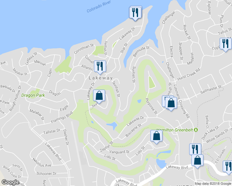 map of restaurants, bars, coffee shops, grocery stores, and more near 409 Sunfish Street in Lakeway