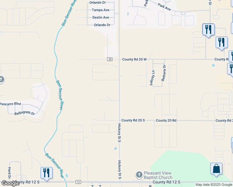 map of restaurants, bars, coffee shops, grocery stores, and more near 9697 South Hickory Street in Foley
