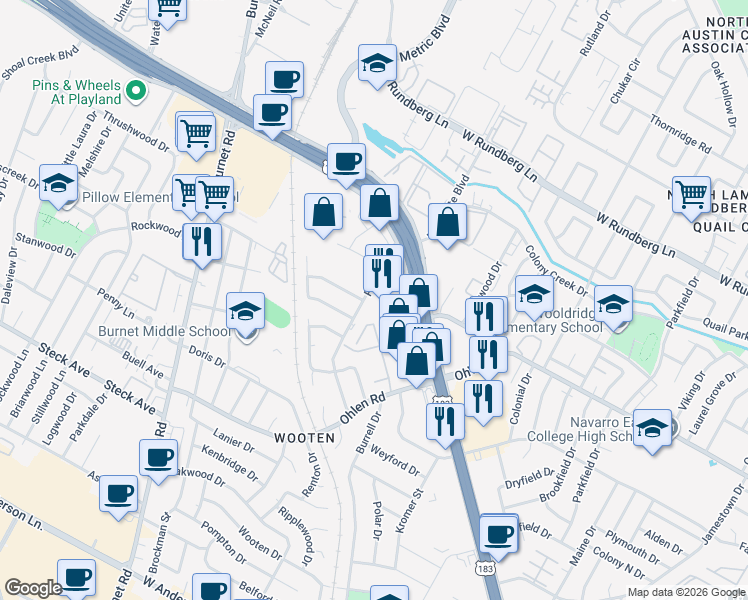 map of restaurants, bars, coffee shops, grocery stores, and more near 8615 Putnam Drive in Austin