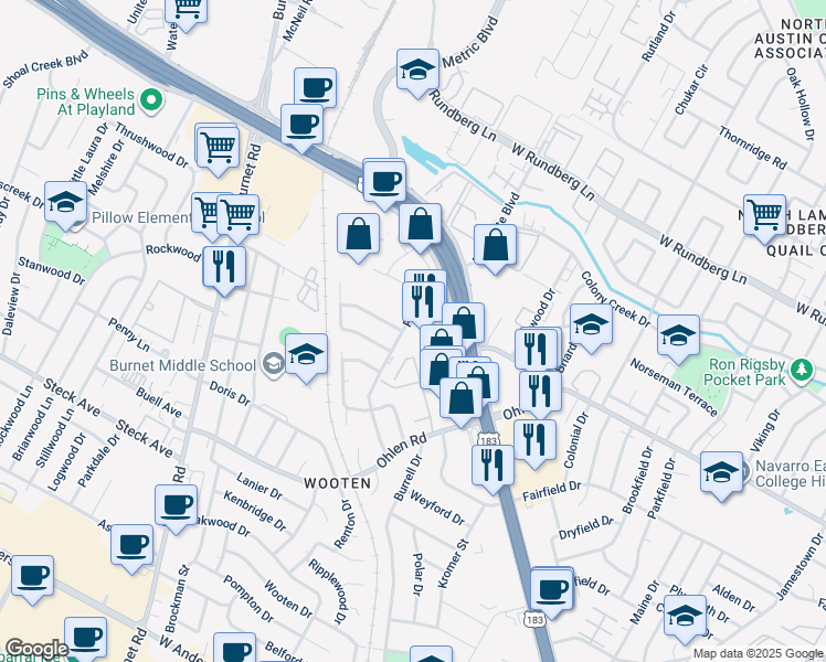 map of restaurants, bars, coffee shops, grocery stores, and more near 8615 Putnam Drive in Austin