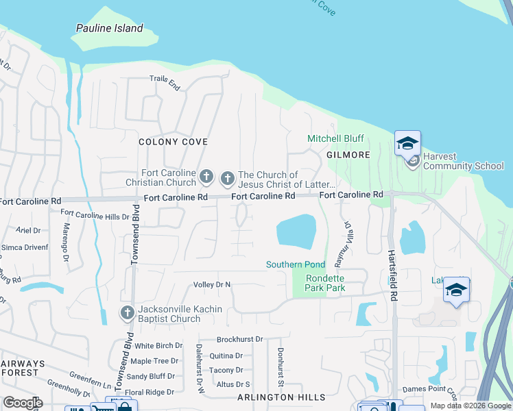 map of restaurants, bars, coffee shops, grocery stores, and more near 7764 Manassas Court East in Jacksonville