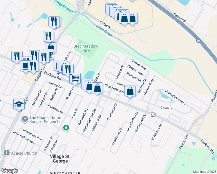 map of restaurants, bars, coffee shops, grocery stores, and more near 13730 Chalmette Avenue in Baton Rouge