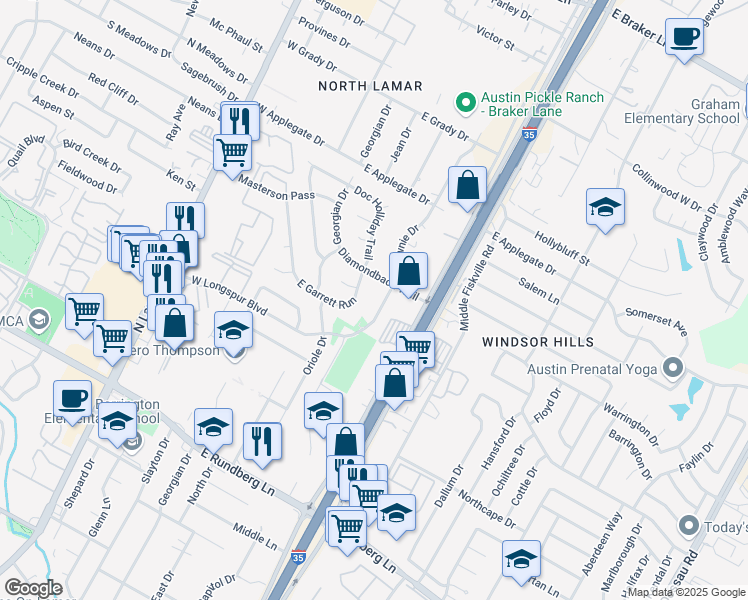 map of restaurants, bars, coffee shops, grocery stores, and more near 10008 Brownie Drive in Austin