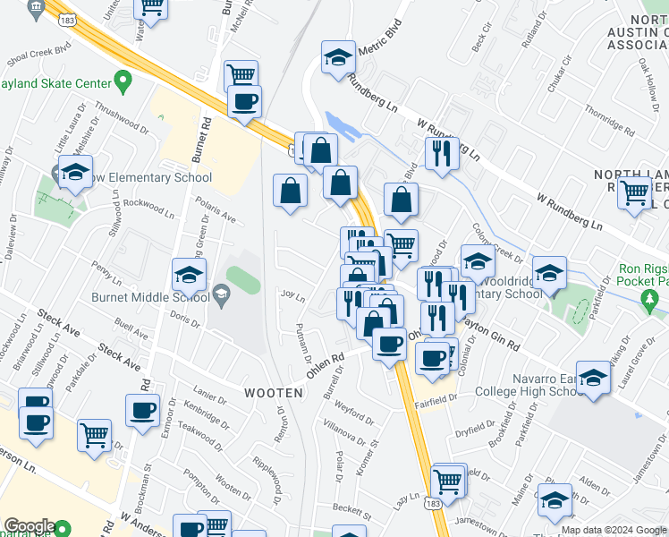 map of restaurants, bars, coffee shops, grocery stores, and more near 8615 Putnam Drive in Austin