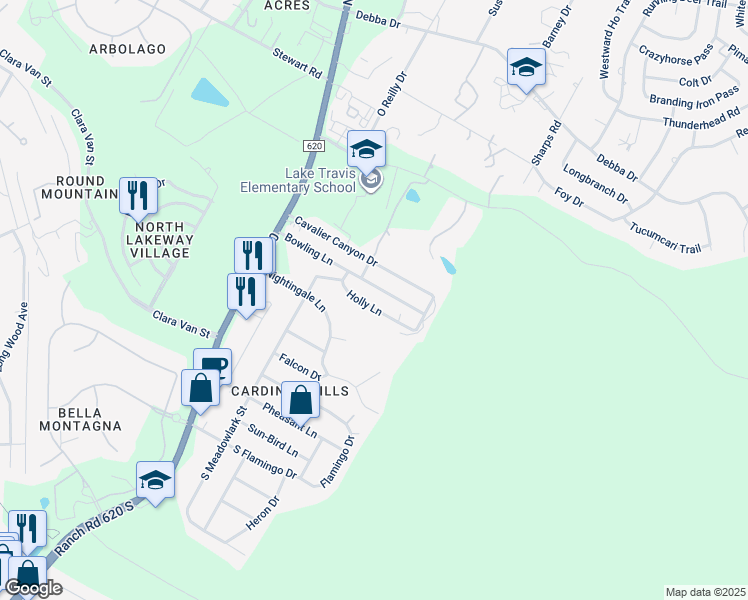 map of restaurants, bars, coffee shops, grocery stores, and more near 15107 Holly Lane in Austin