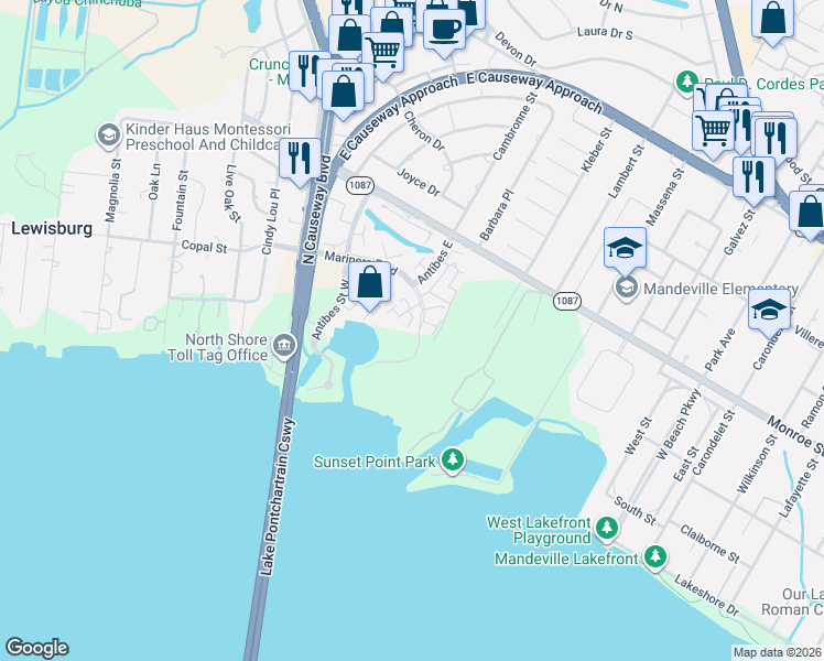 map of restaurants, bars, coffee shops, grocery stores, and more near 401 Mariners Island in Mandeville