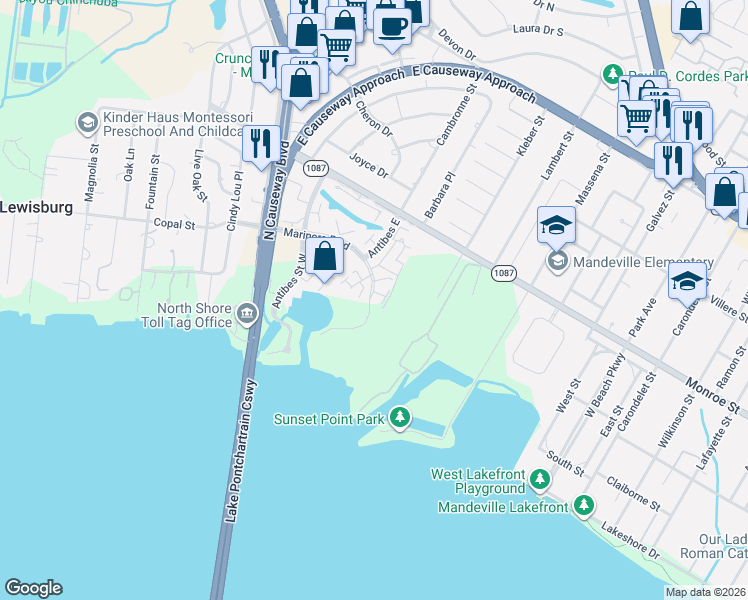 map of restaurants, bars, coffee shops, grocery stores, and more near 401 Mariners Island in Mandeville