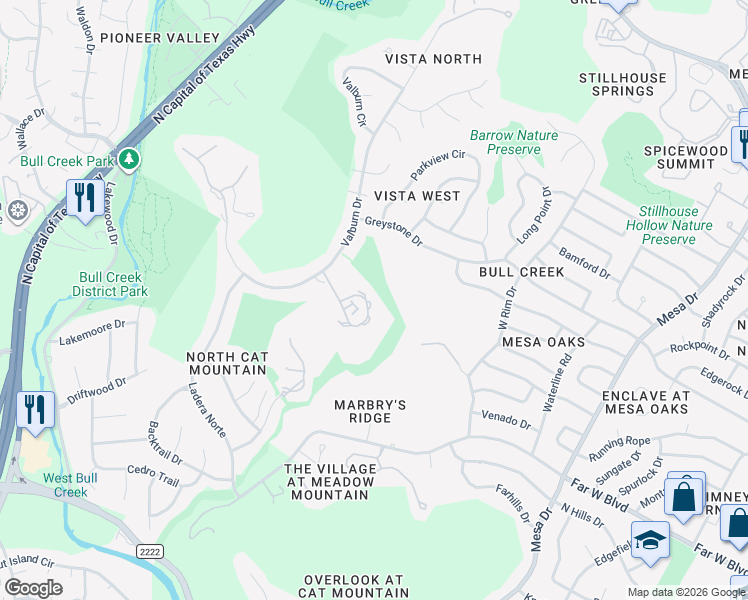 map of restaurants, bars, coffee shops, grocery stores, and more near 7124 Las Ventanas Drive in Austin