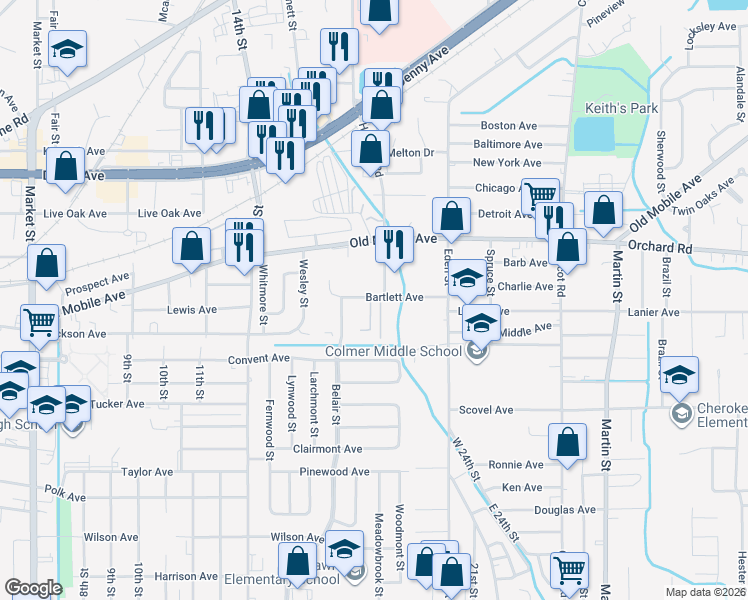 map of restaurants, bars, coffee shops, grocery stores, and more near 2712 Bartlett Avenue in Pascagoula