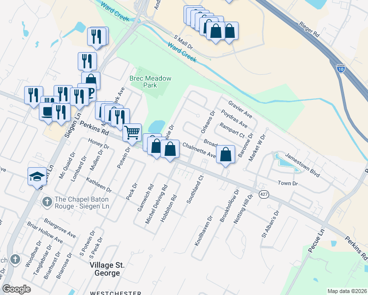 map of restaurants, bars, coffee shops, grocery stores, and more near 13730 Chalmette Avenue in Baton Rouge