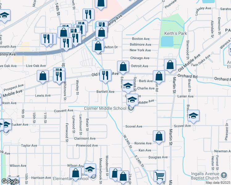map of restaurants, bars, coffee shops, grocery stores, and more near 300 Bartlett Avenue in Pascagoula
