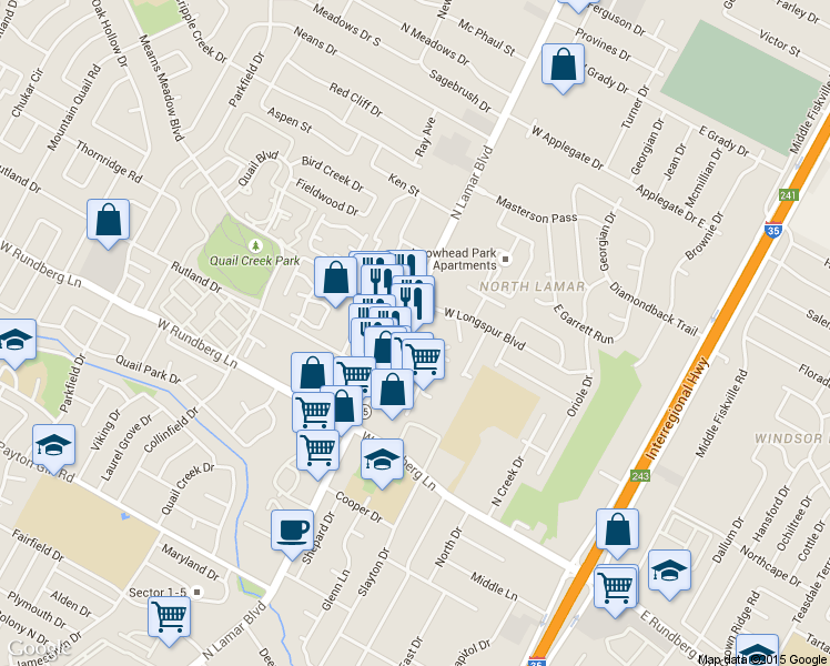 map of restaurants, bars, coffee shops, grocery stores, and more near 9717 North Lamar Boulevard in Austin