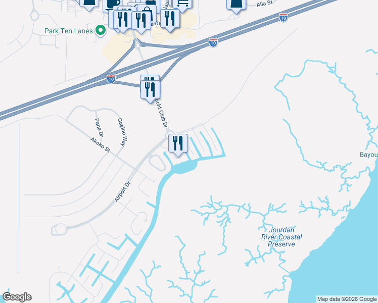 map of restaurants, bars, coffee shops, grocery stores, and more near 3412 Lumahai Place in Diamondhead