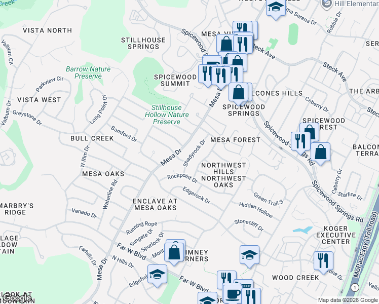 map of restaurants, bars, coffee shops, grocery stores, and more near 7704 Shadyrock Drive in Austin