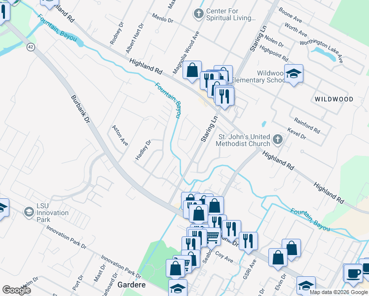 map of restaurants, bars, coffee shops, grocery stores, and more near 724 Stoney Creek Avenue in Baton Rouge