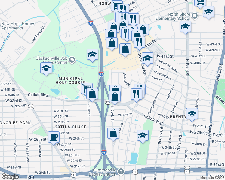 map of restaurants, bars, coffee shops, grocery stores, and more near 4514 West Castlewood Drive in Jacksonville