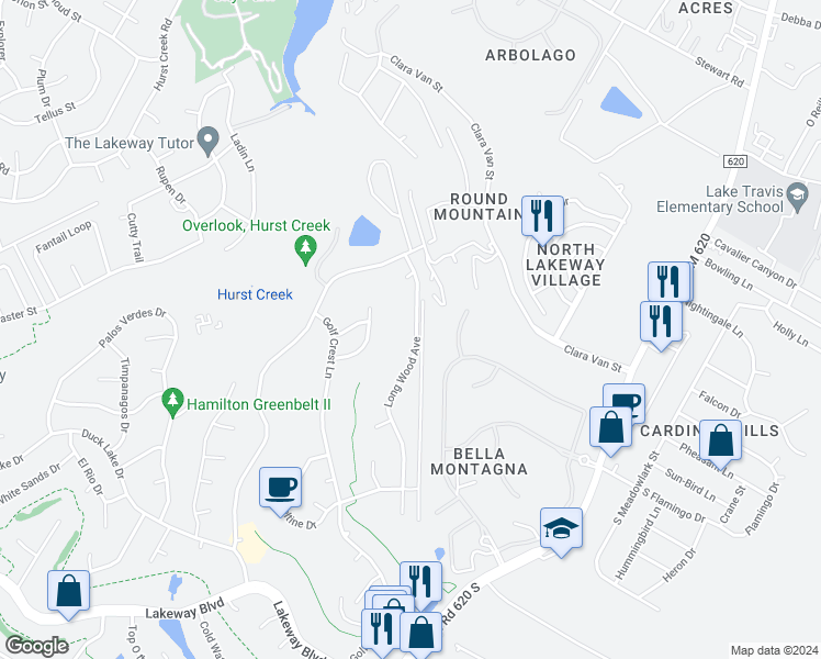 map of restaurants, bars, coffee shops, grocery stores, and more near 137 Long Wood Avenue in Austin