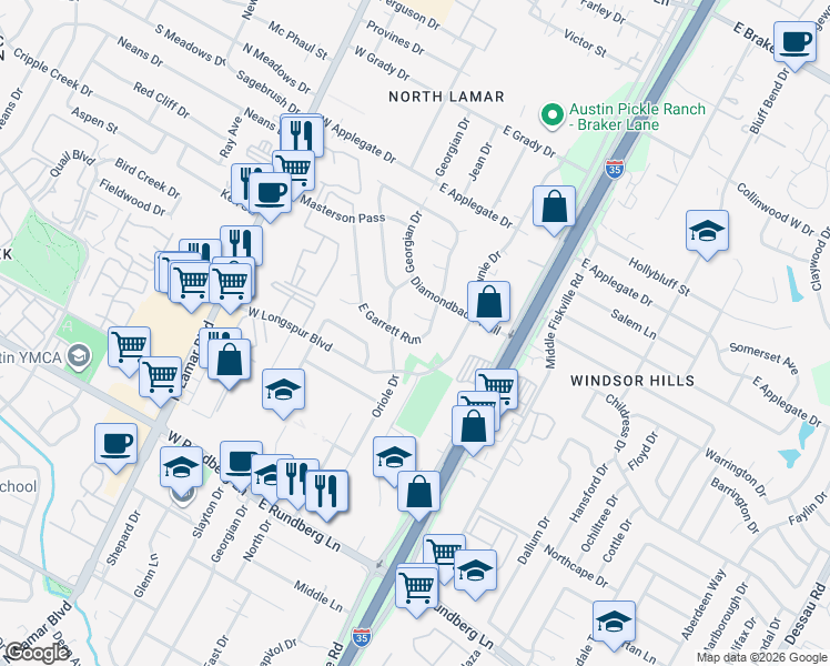 map of restaurants, bars, coffee shops, grocery stores, and more near 303 East Garrett Run in Austin