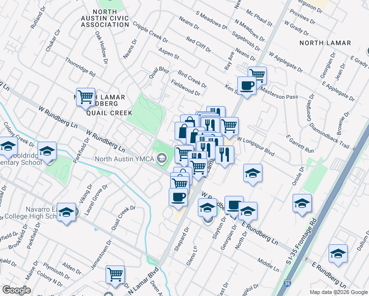 map of restaurants, bars, coffee shops, grocery stores, and more near 900b Rutland Drive in Austin