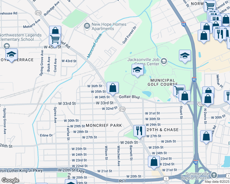 map of restaurants, bars, coffee shops, grocery stores, and more near 4515 Moncrief Road in Jacksonville