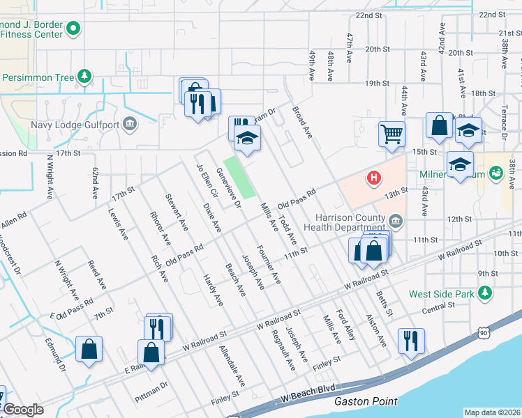 map of restaurants, bars, coffee shops, grocery stores, and more near 4604 Old Pass Road in Gulfport