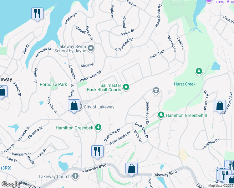 map of restaurants, bars, coffee shops, grocery stores, and more near 216 Sailmaster Street in Lakeway