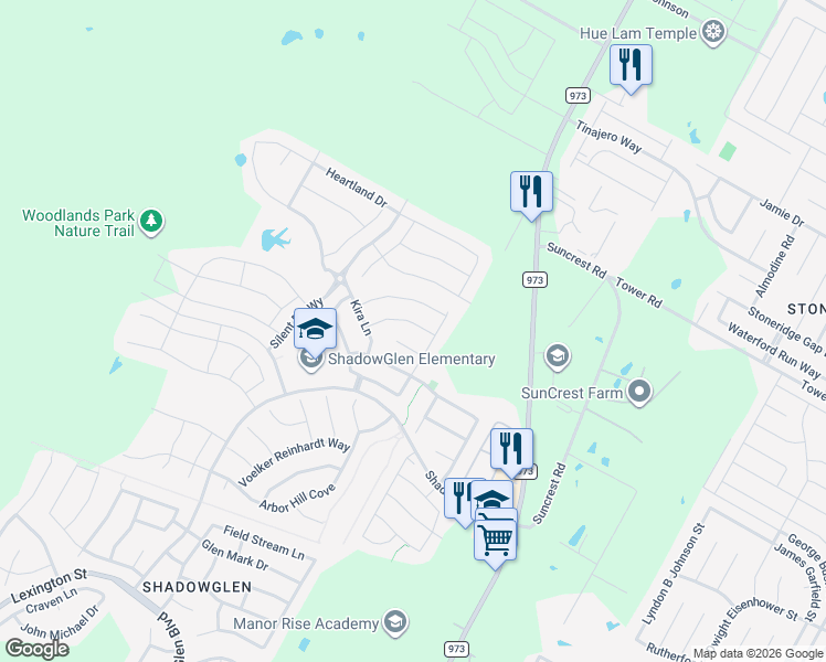 map of restaurants, bars, coffee shops, grocery stores, and more near 11821 Amber Stream Lane in Manor
