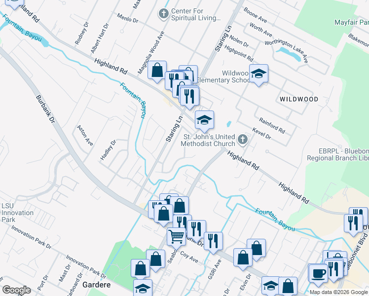 map of restaurants, bars, coffee shops, grocery stores, and more near 332 Heatherwood Drive in Baton Rouge