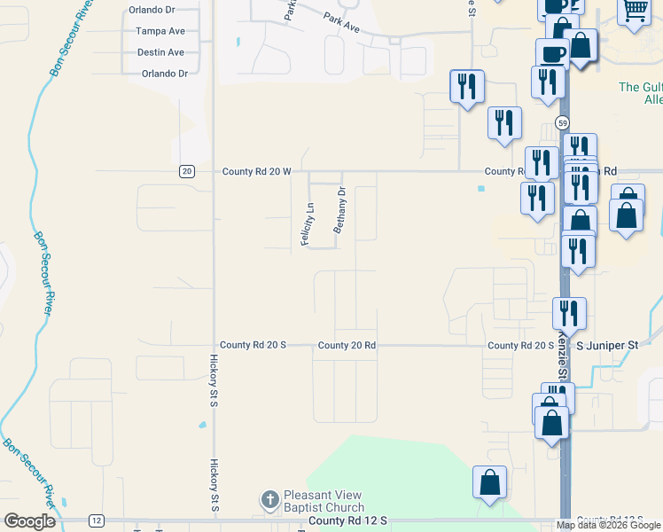 map of restaurants, bars, coffee shops, grocery stores, and more near 9701-9999 Felicity Lane in Foley
