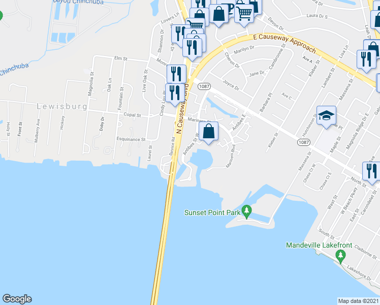 map of restaurants, bars, coffee shops, grocery stores, and more near 225 Antibes Street West in Mandeville