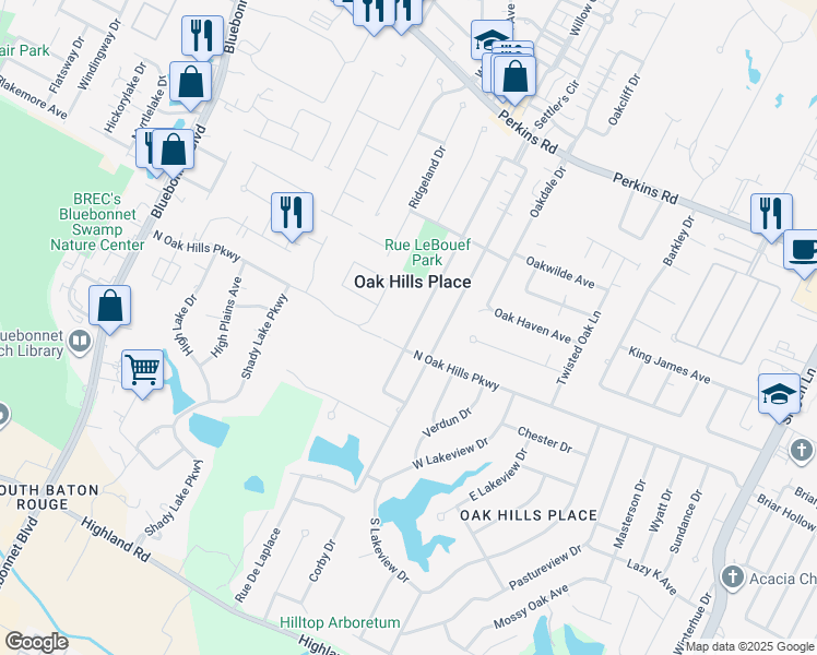 map of restaurants, bars, coffee shops, grocery stores, and more near 1121 Rue Desiree in Baton Rouge