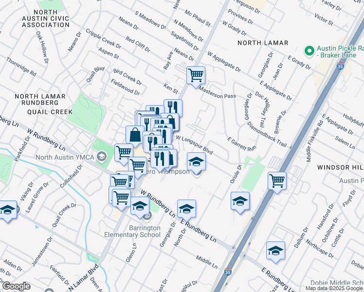 map of restaurants, bars, coffee shops, grocery stores, and more near 2 West Longspur Crossing Boulevard in Austin