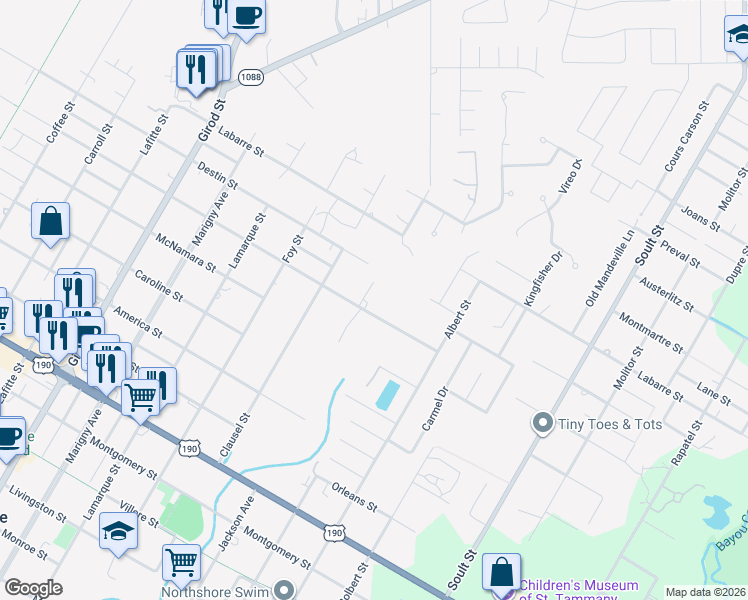 map of restaurants, bars, coffee shops, grocery stores, and more near 1403 Jackson Street in Mandeville