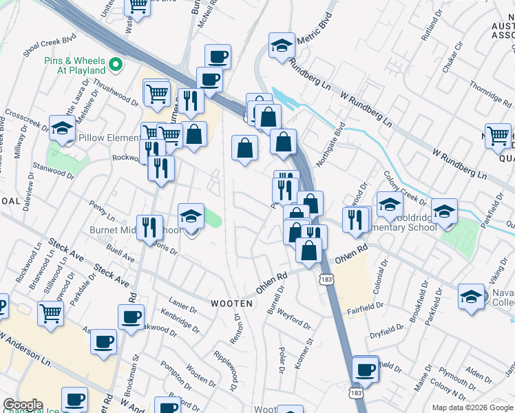 map of restaurants, bars, coffee shops, grocery stores, and more near 1907 Hearthstone Drive in Austin