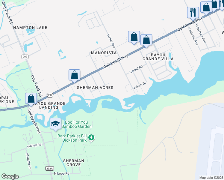 map of restaurants, bars, coffee shops, grocery stores, and more near 2710 Wade Avenue in Pensacola