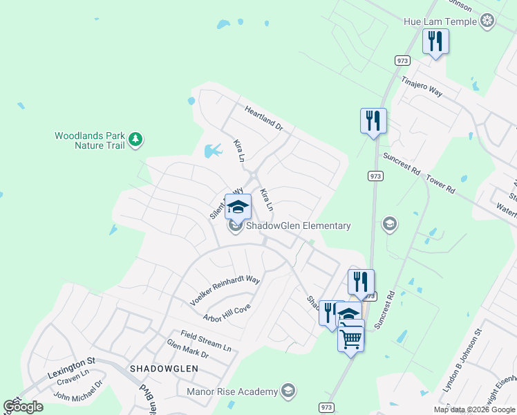 map of restaurants, bars, coffee shops, grocery stores, and more near 13736 Fallsprings Way in Manor