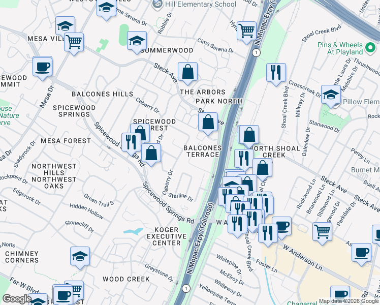 map of restaurants, bars, coffee shops, grocery stores, and more near 8104 Sonnet Avenue in Austin