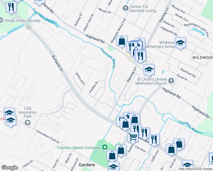 map of restaurants, bars, coffee shops, grocery stores, and more near 439 Meadow Bend Drive in Baton Rouge