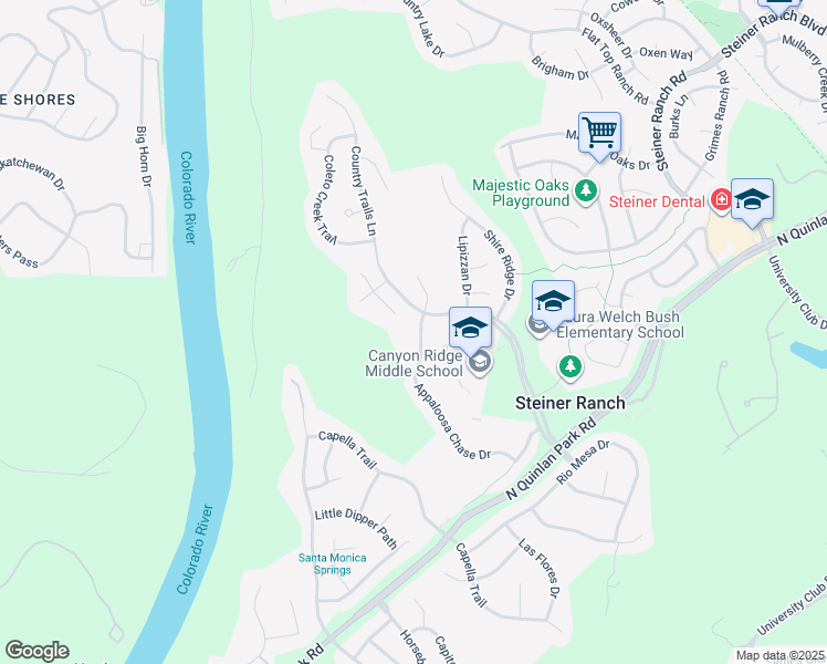 map of restaurants, bars, coffee shops, grocery stores, and more near 13125 Appaloosa Chase Drive in Austin