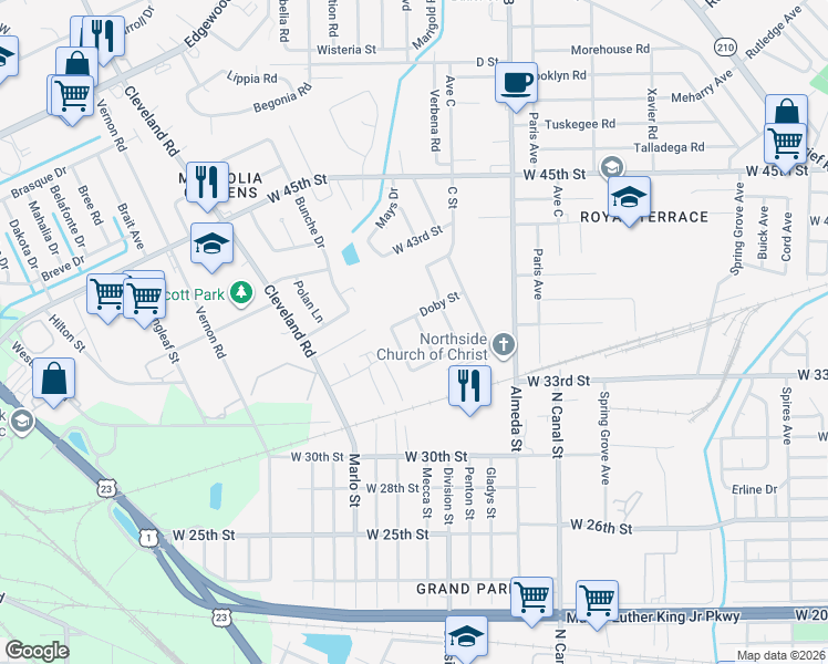 map of restaurants, bars, coffee shops, grocery stores, and more near 4851 Amos Street in Jacksonville