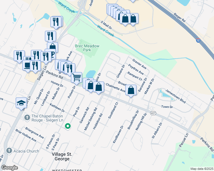 map of restaurants, bars, coffee shops, grocery stores, and more near 13730 Chalmette Avenue in Baton Rouge