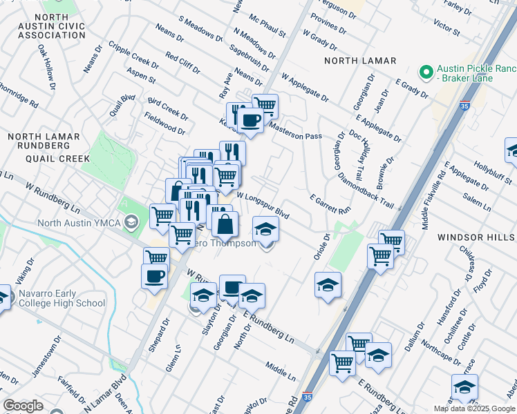 map of restaurants, bars, coffee shops, grocery stores, and more near 9713A Eastwend Drive in Austin