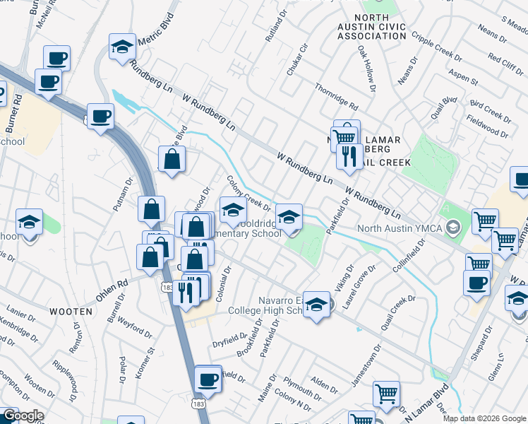 map of restaurants, bars, coffee shops, grocery stores, and more near 9007 Hunters Trace in Austin