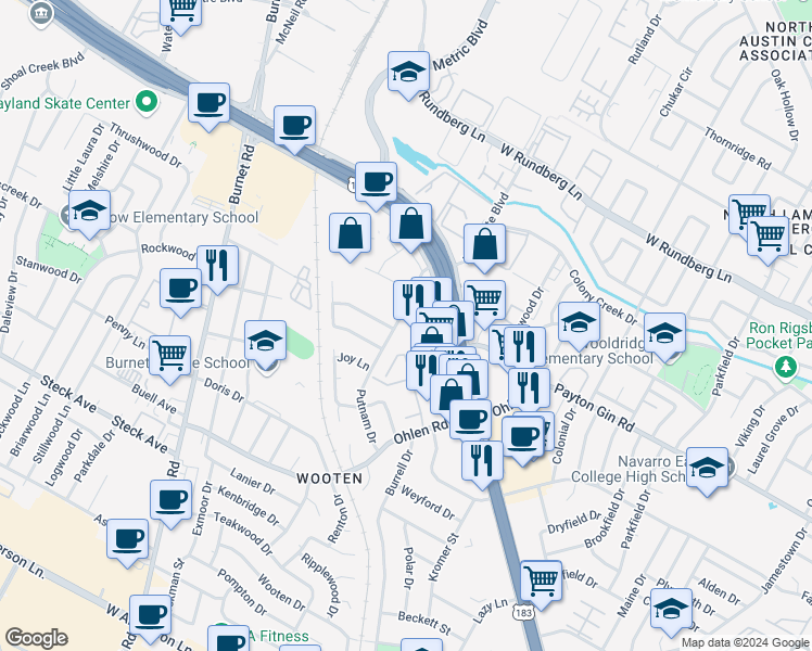 map of restaurants, bars, coffee shops, grocery stores, and more near 8615 Putnam Drive in Austin