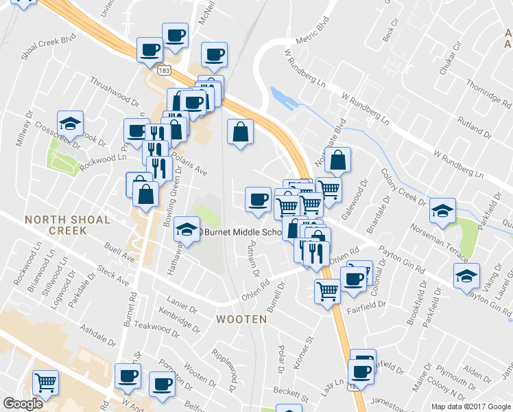 map of restaurants, bars, coffee shops, grocery stores, and more near 1908 Hearthside Drive in Austin