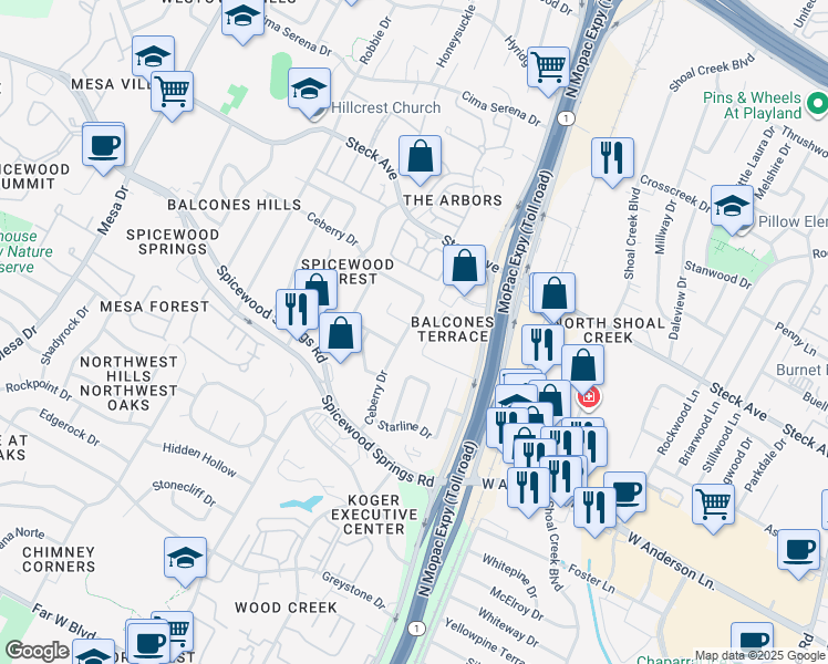 map of restaurants, bars, coffee shops, grocery stores, and more near 8100 Sonnet Avenue in Austin