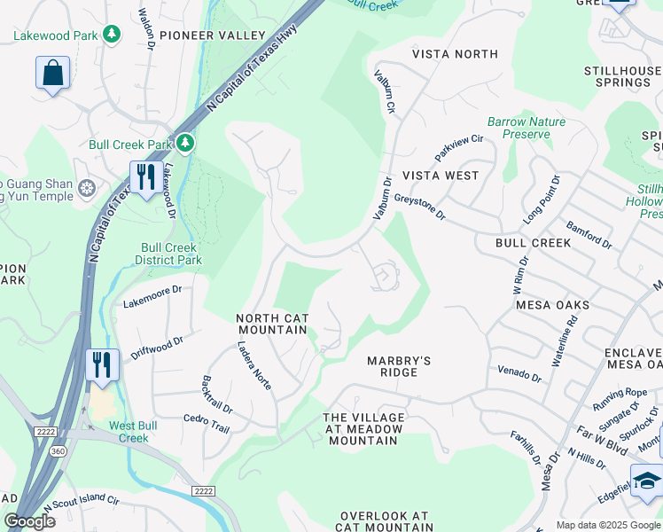 map of restaurants, bars, coffee shops, grocery stores, and more near 6808 Cat Creek Run in Austin